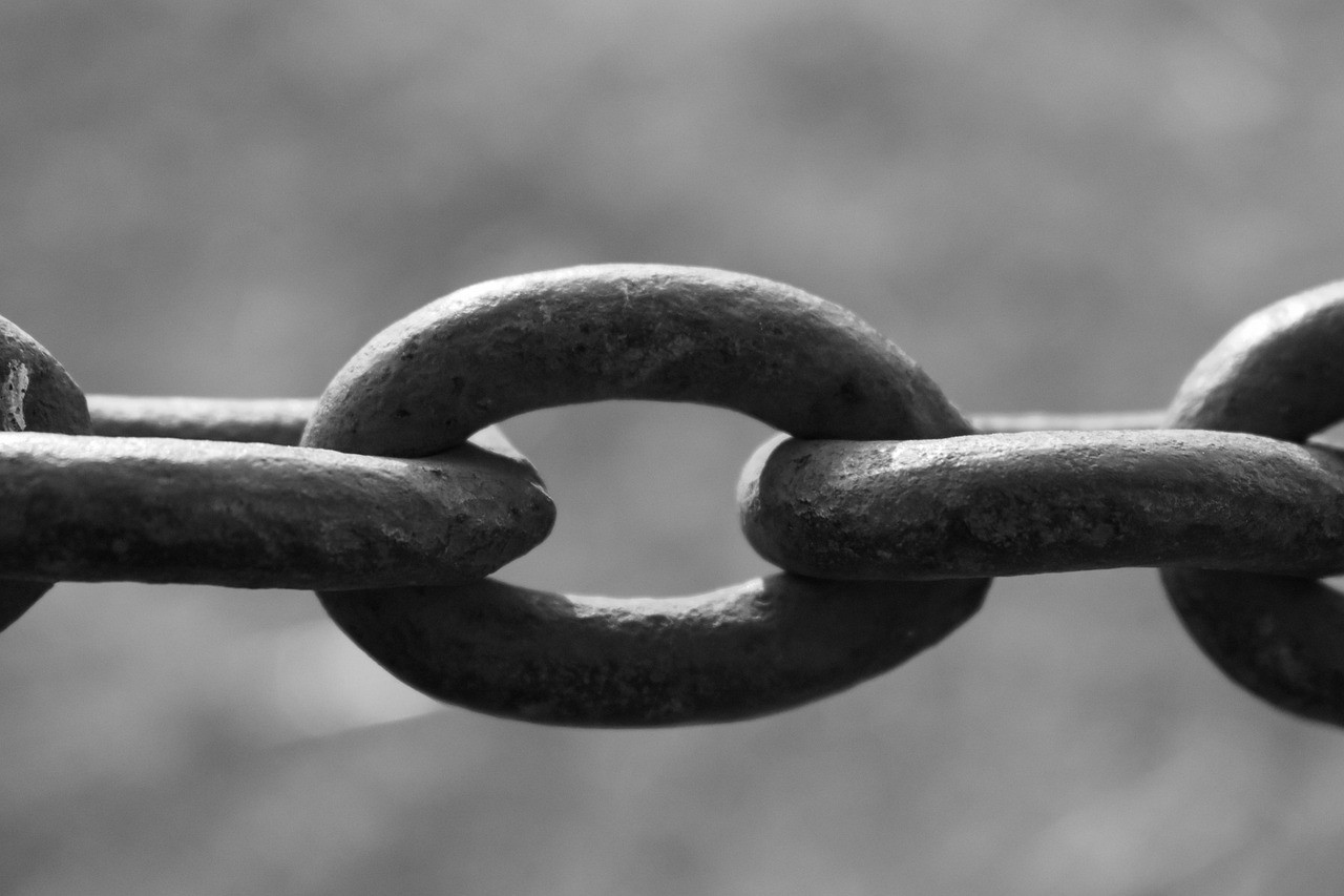 Maillon de chaîne métallique en noir et blanc, illustration des attributs de lien dofollow et nofollow