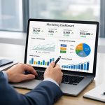Consultant analysant un tableau de bord marketing sur un ordinateur portable
