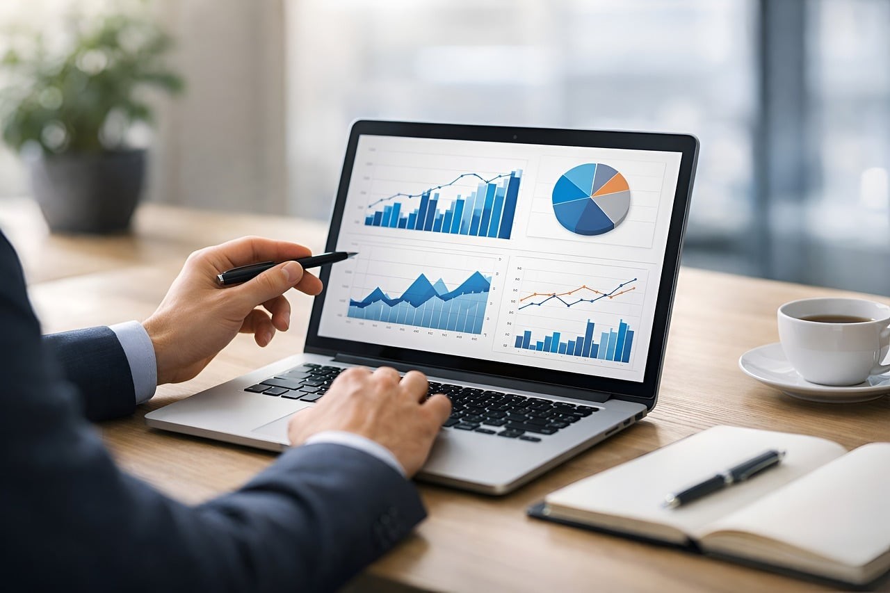 Personne analysant des graphiques de trafic web sur un ordinateur portable