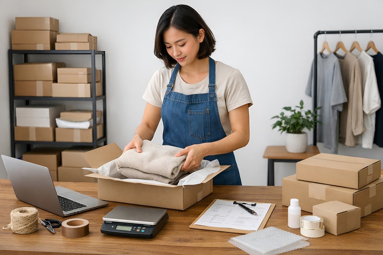 Petite entrepreneuse gérant sa boutique en ligne depuis son espace de travail