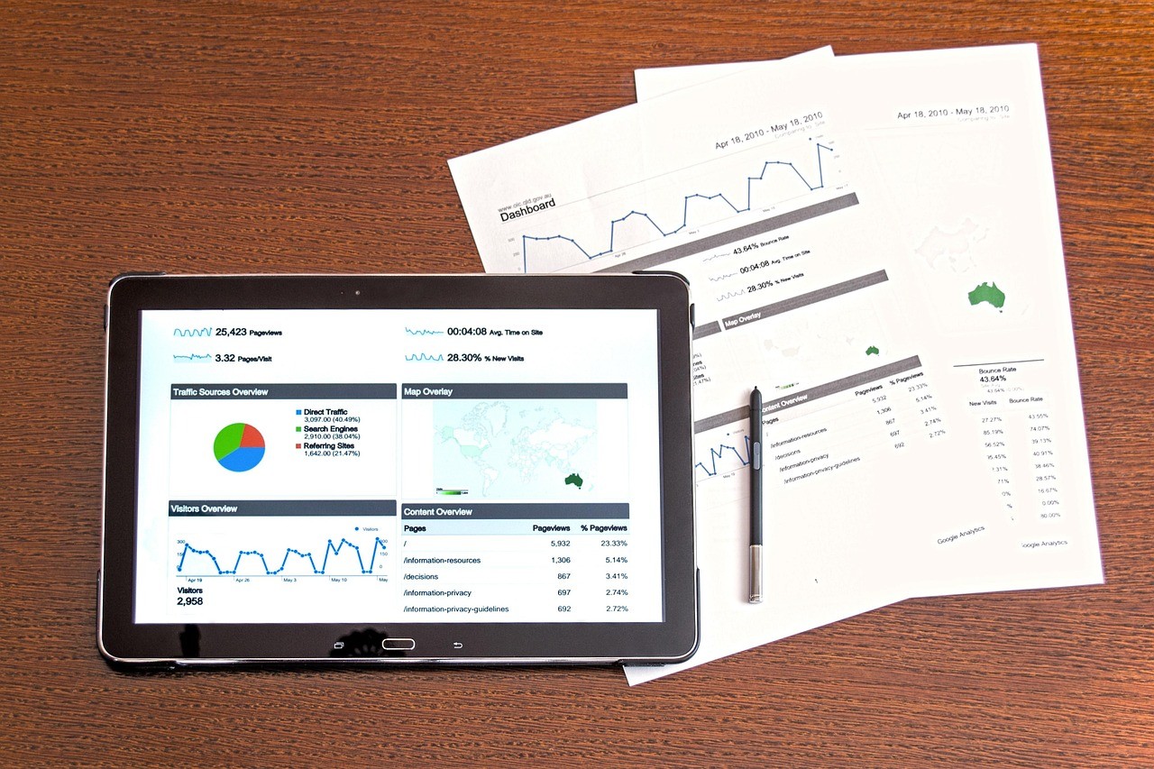 Tablette et documents imprimés affichant des graphiques d'analyse de trafic sur un bureau