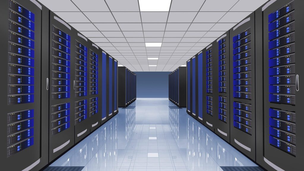 Couloir de baies de serveurs dans un data center, symbole du blocage des robots IA au niveau serveur