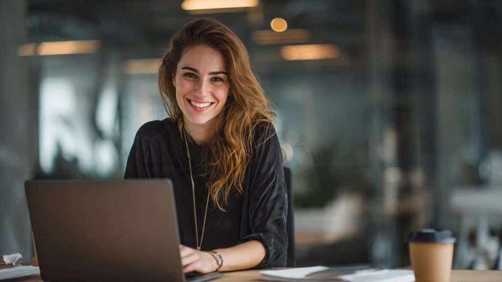 Entrepreneuse souriante travaillant sur son ordinateur portable dans un bureau lumineux